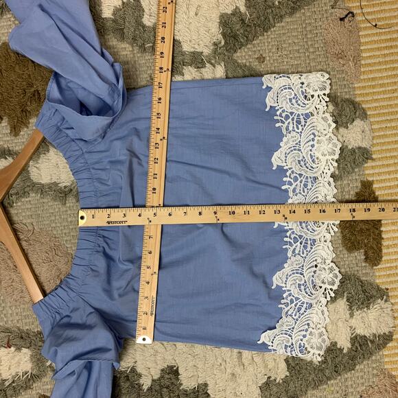 Zara Blue Poplin Tiered Bell Sleeve Crochet Lace Off Shoulder Blouse Top XS - Picture 7 of 10